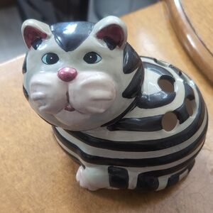 Striped Ceramic Cat Figurine - Black & White